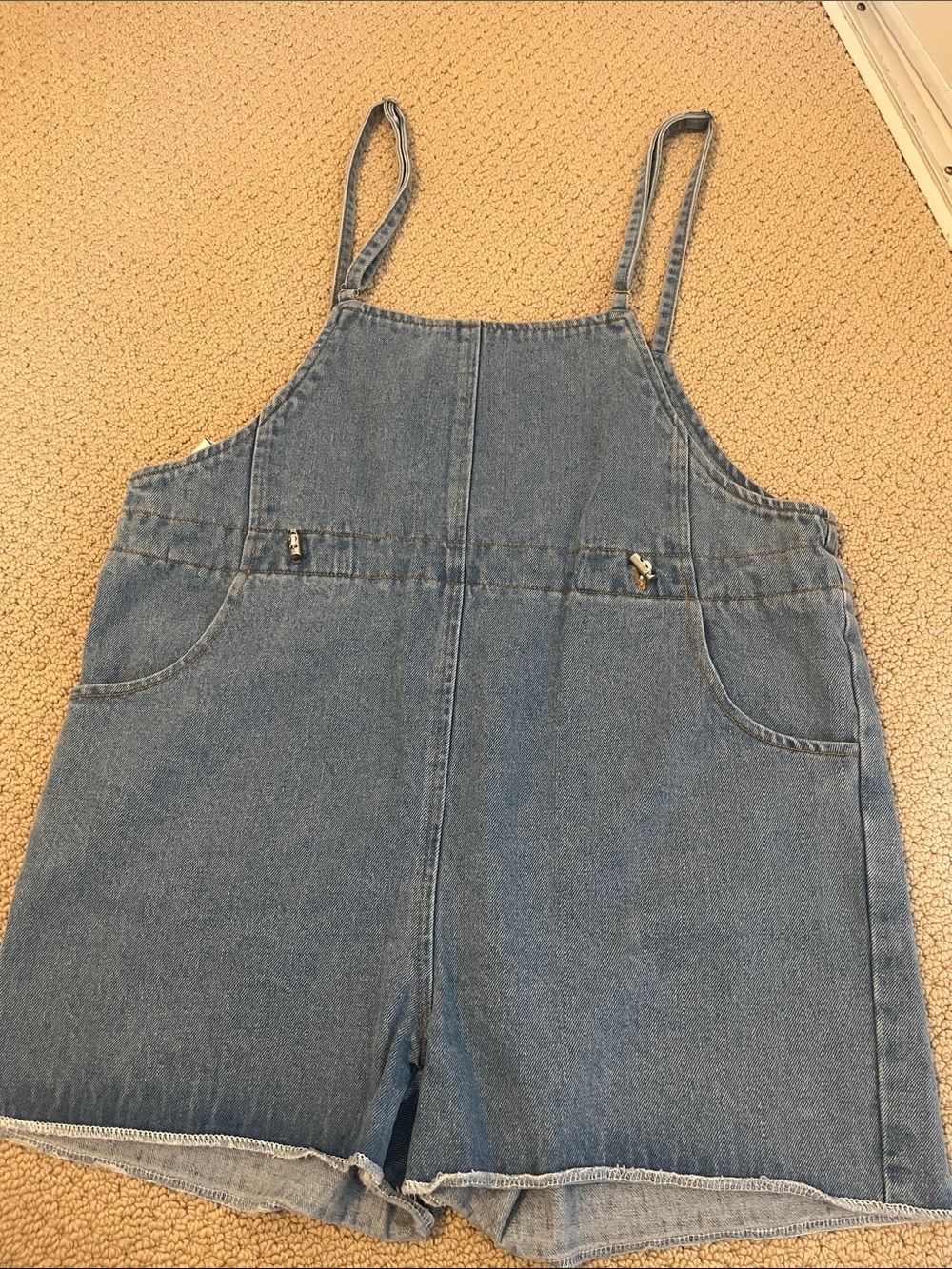 POL Light Wash Denim Short Overalls with Leather Logo Patch Small